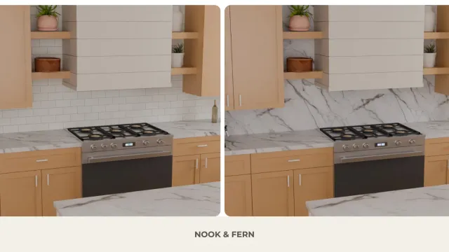 Side-by-side kitchen comparison showing a veined marble-look countertop paired with white subway tile on the left and a matching slab backsplash on the right.
