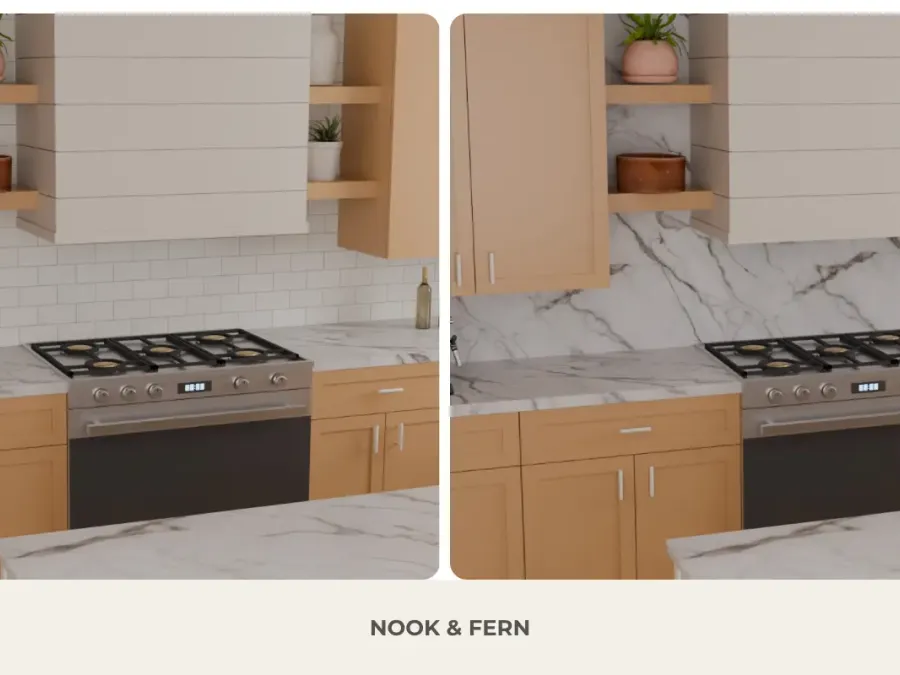 Side-by-side kitchen comparison showing a veined marble-look countertop paired with white subway tile on the left and a matching slab backsplash on the right.