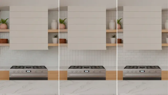 Three kitchen backsplash patterns compared in the same kitchen: herringbone, vertical stack and running bond tile layouts.