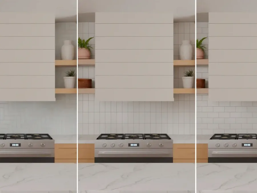 Three kitchen backsplash patterns compared in the same kitchen: herringbone, vertical stack and running bond tile layouts.