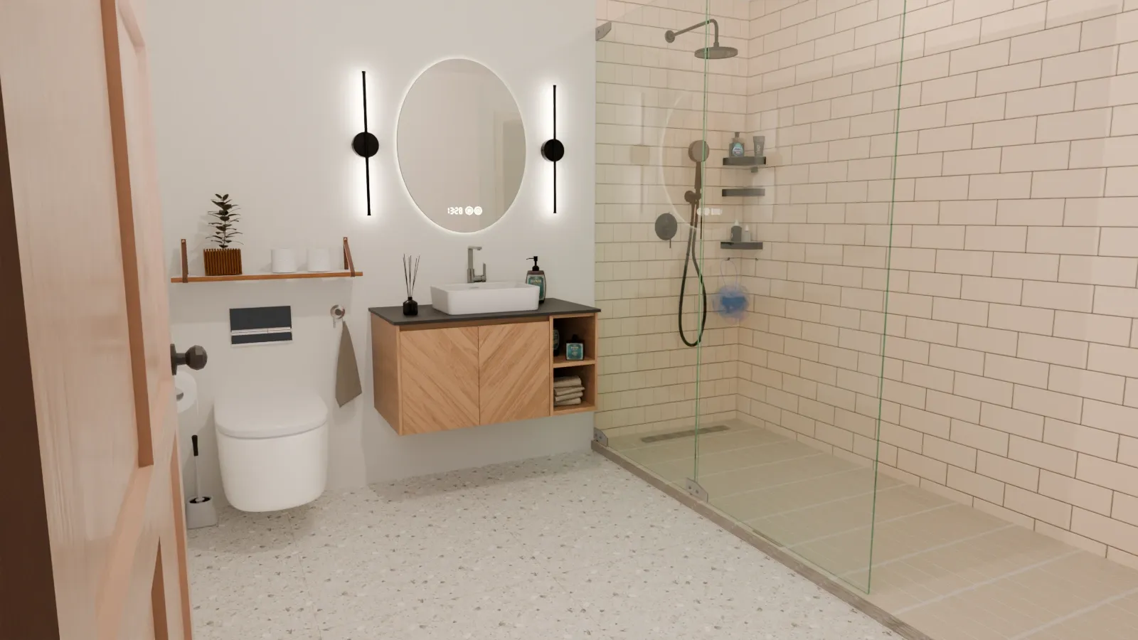 Small bathroom with cream terrazzo-look floor tiles, a floating wood vanity, and a glass shower enclosure.