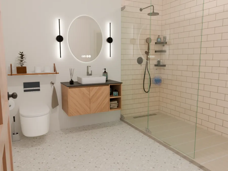 Small bathroom with cream terrazzo-look floor tiles, a floating wood vanity, and a glass shower enclosure.
